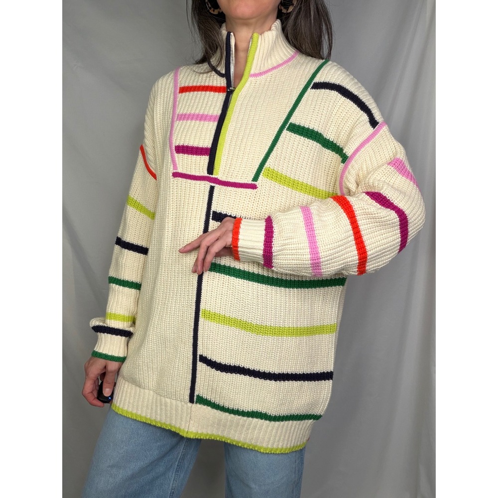 STAUD Hampton Sweater Cream Multi Color Stripe Quarter Zip Knit Oversized Long S - Picture 11 of 11